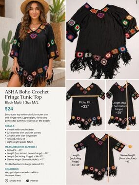 ASHA Boho Crochet Trim Fringe Tunic Top | Black Multi | Size M/L